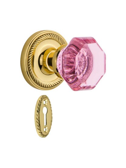 Rope Rosette Mortise Lock Set with Colored Waldorf Crystal Glass Knobs Pink in Polished Brass.